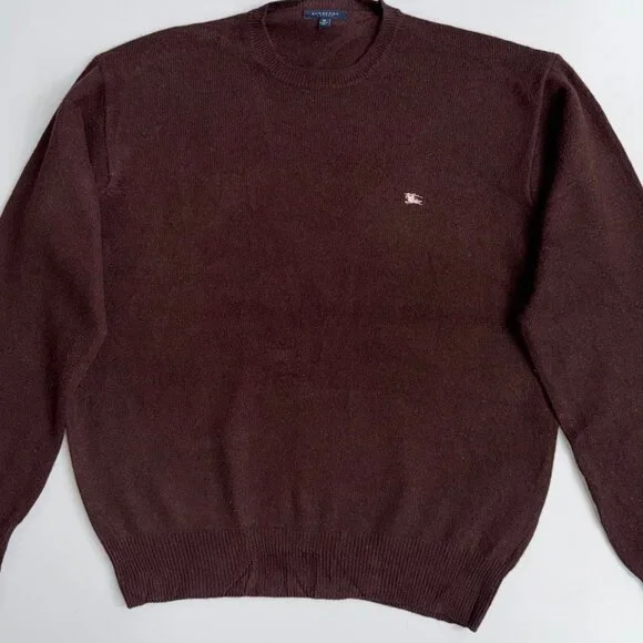 Burberry Men's Brown Embroidered Logo Crewneck Wool Sweater